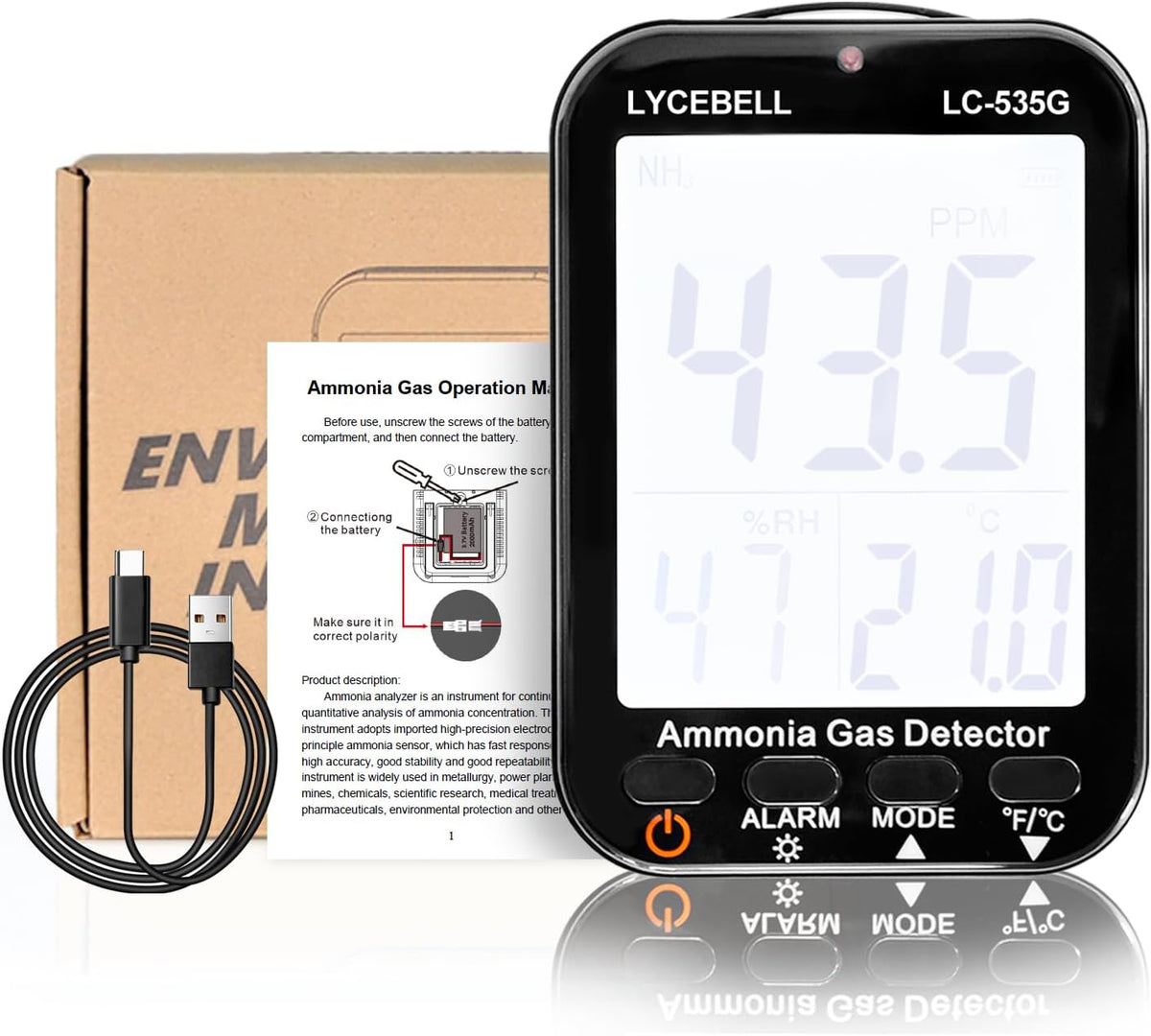 535G Ammoniak-gasdetector, NH3-monitor, 0-100 ppm, met dubbel alarm, oplaadbare draagbare gaslekdetector voor boerderijen, industrie, huis, temperatuur- en vochtigheidsweergave