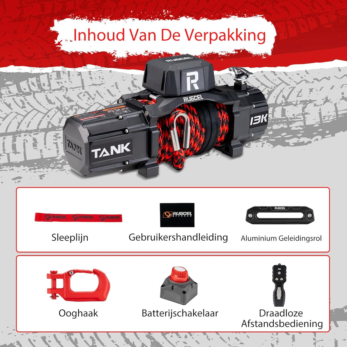 RUGCEL WINCH 13000LB Waterdichte Elektrische Synthetische Touw Lier 12V met Hawse Fairlead, 2 in 1 Draadloze Afstandsbediening, Dubbele Kleur Touw, voor Truck SUV