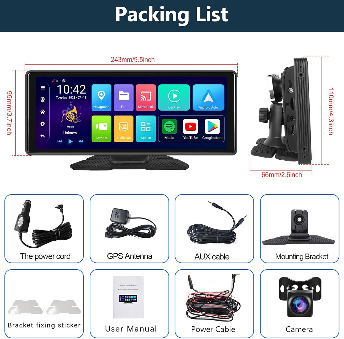 Hodozzy Android 4G 64G 8-core draadloos CarPlay display Android navigatiecamera dashboard achteruitrijcamera 10,26 inch MirrorLink touchscreen, GPS, wifi, Bluetooth,