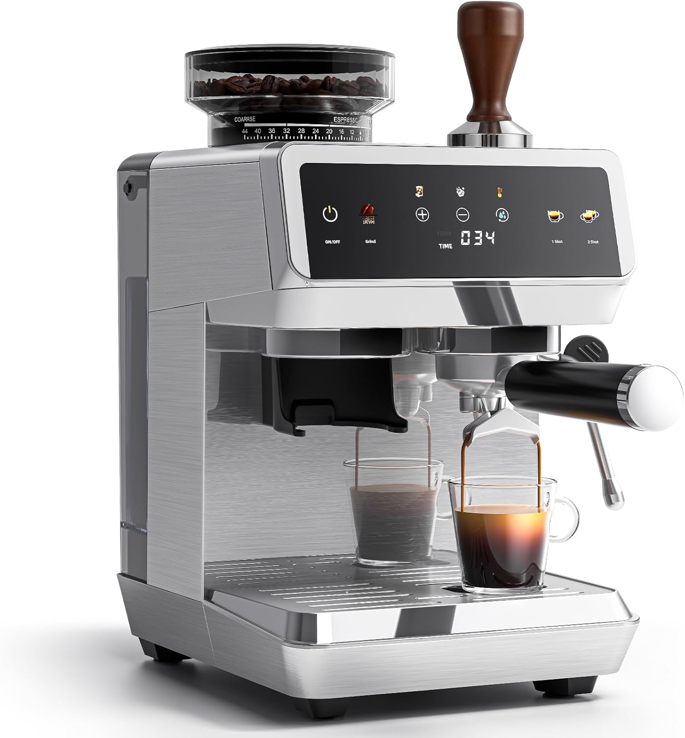 AMZCHEF Zeefdragermachine, espressomachine van 20 bar, met maalwerk, 44 maalgraden, 4 temperatuurniveaus, cold brew, 1,8 l tank, espressomachine met melkopschuimer, IMD touchscreen, roestvrij staal