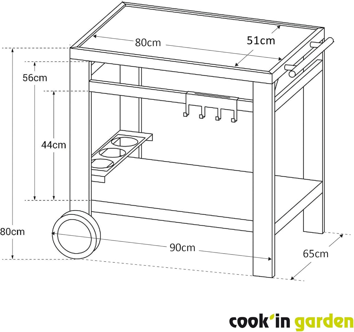 Cook'in Garden, Tuinwagen Media M trolley met werkblad, meubels op wielen, buitenkeuken, ideale houder voor grillplaat of barbecue, gemakkelijk te verplaatsen, L 93,5 × B 67 × H 80,5 cm