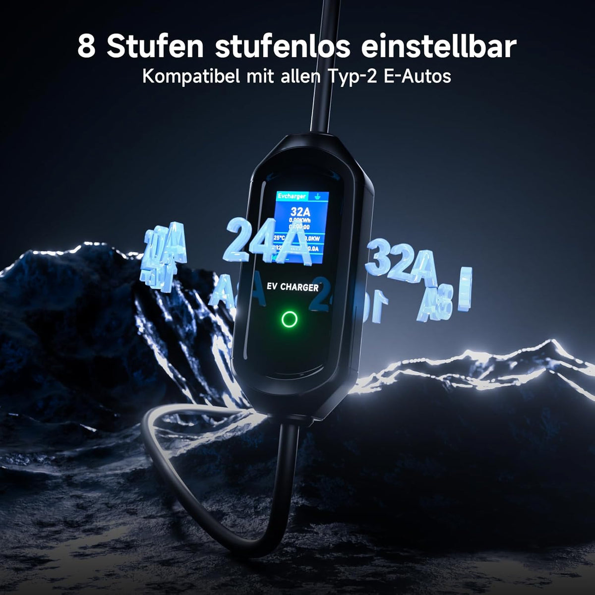 Type 2 oplaadkabel 7 kW mobiele Wallbox, 5 m 6-32 A 1-fasig oplaadkabel type 2 CEE-stekker, draagbare EV oplader met instelbaar laadvermogen en timerfunctie, voor EV PHEV IEC 62196-2