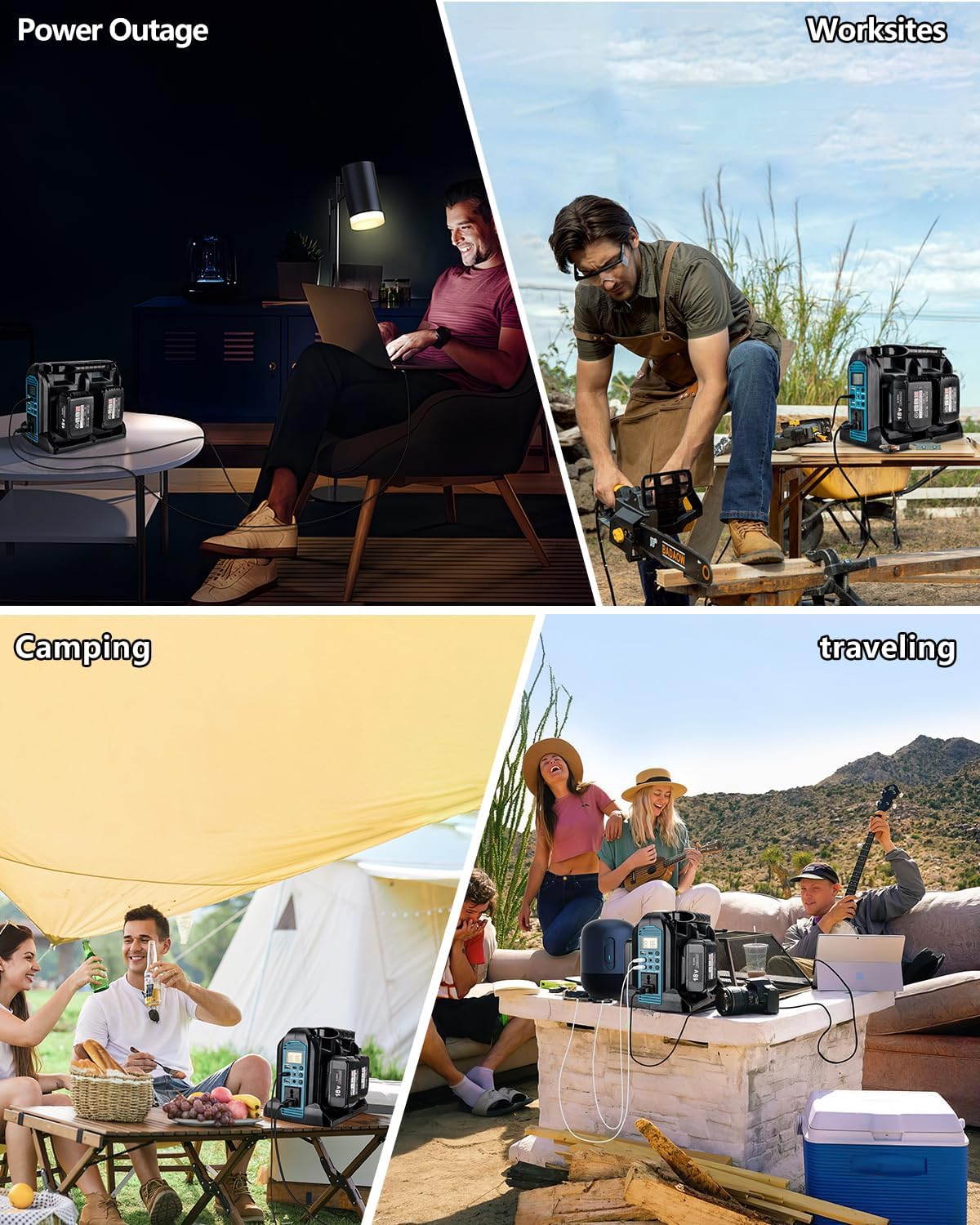 Taingwei 350 W Sine Wave omvormer voor Makita 18V batterij, 4-poorten, 18V naar 230V volt, spanningsomvormer met 3 USB-A-poorten, 1 USB-C poort, 300 lm ledlicht voor camping, reizen, jacht