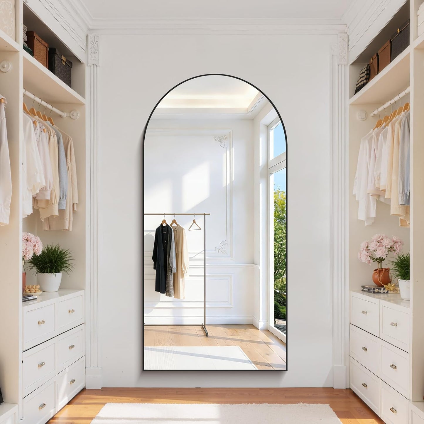 COFENY Boog full-body spiegel, 192 x 85 cm vloerspiegel met zwart frame, gewelfde staande spiegel, grote wandspiegel om te staan, leunen of hangen, vloerspiegel voor slaapkamer, woonkamer