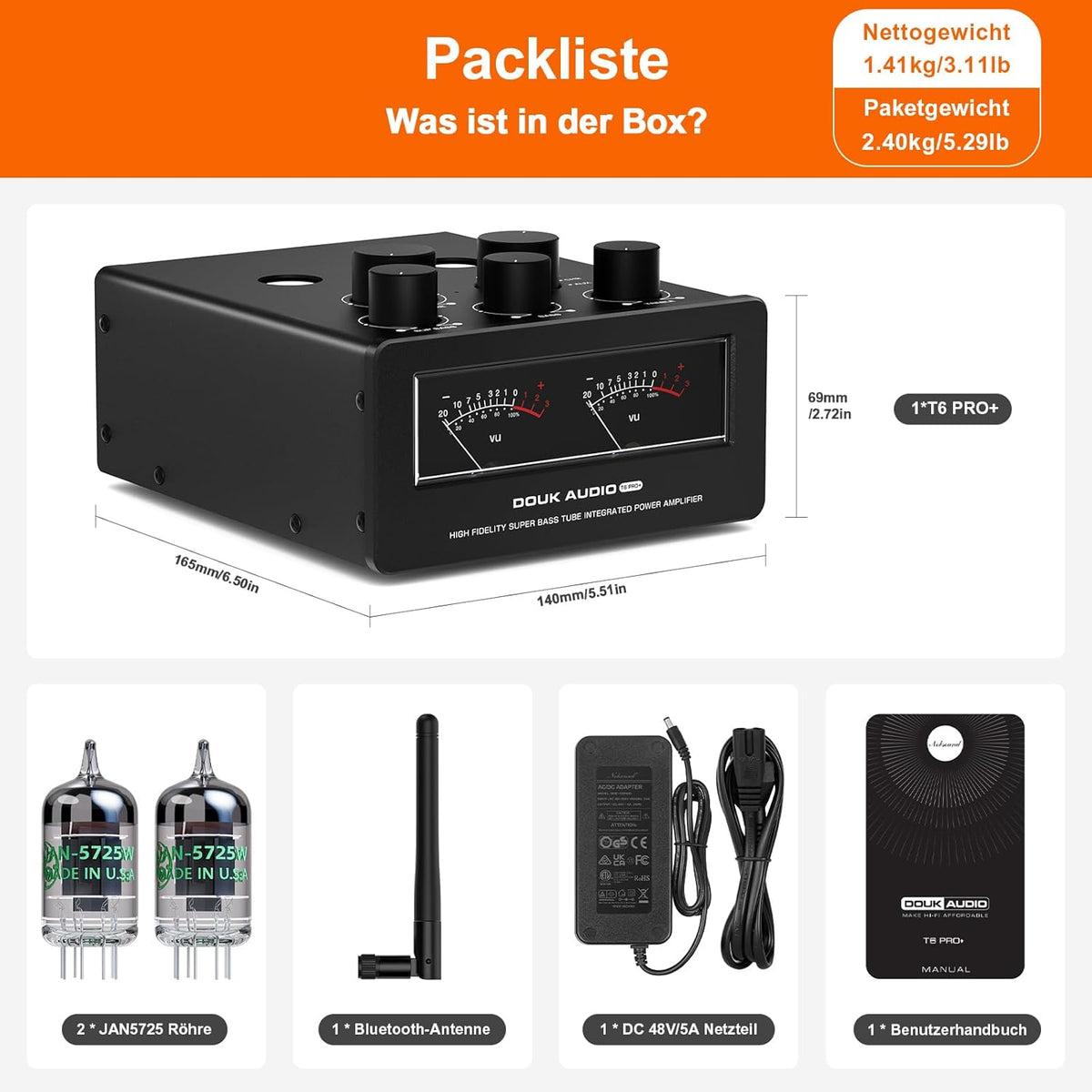 Douk Audio T6 PRO Bluetooth buisversterker: 300 W x2 TPA3255 2-kanaals stereo versterker - dual VU-meter & super bas - voor thuisbioscoop- en hifi-systemen (zwart)