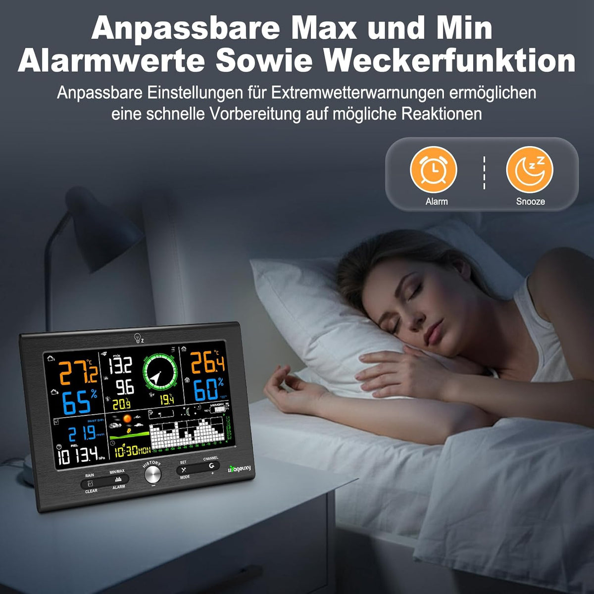 Urageuxy Draadloos weerstation met buitensensor, 7-in-1 professioneel weerstation met regenmeter en windmeter, 7,6 inch display, DCF-klok, datasoftware, binnen- en buitenthermometer, hygrometer