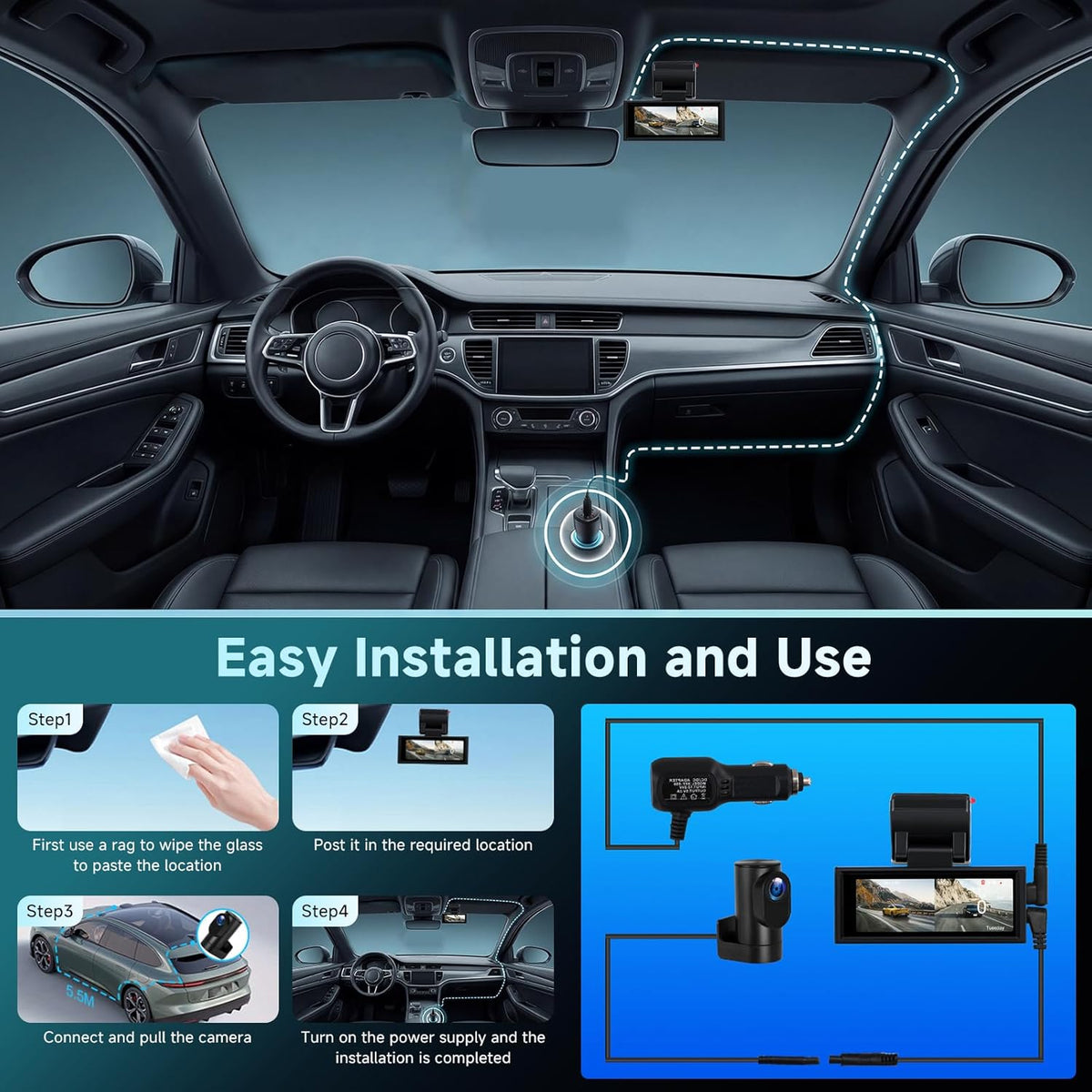 Hodozzy 4K Dashcam met voor- en 2,5 K achteruitrijcamera, 3,16 inch IPS-scherm, dashcam voor auto, 5,8 GHz wifi-app-bediening, ADAS, BSD LCA, nachtzicht, G-sensor, loop-opname, parkeermodus-monitor
