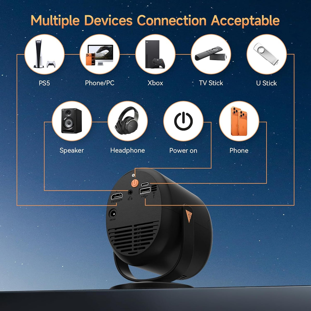 Mini-beamer met wifi en bluetooth, draagbare projector Native 1080P-ondersteuning, 4K met 180° verstelbare standaard, max 180 inch display, geïntegreerde luidsprekers