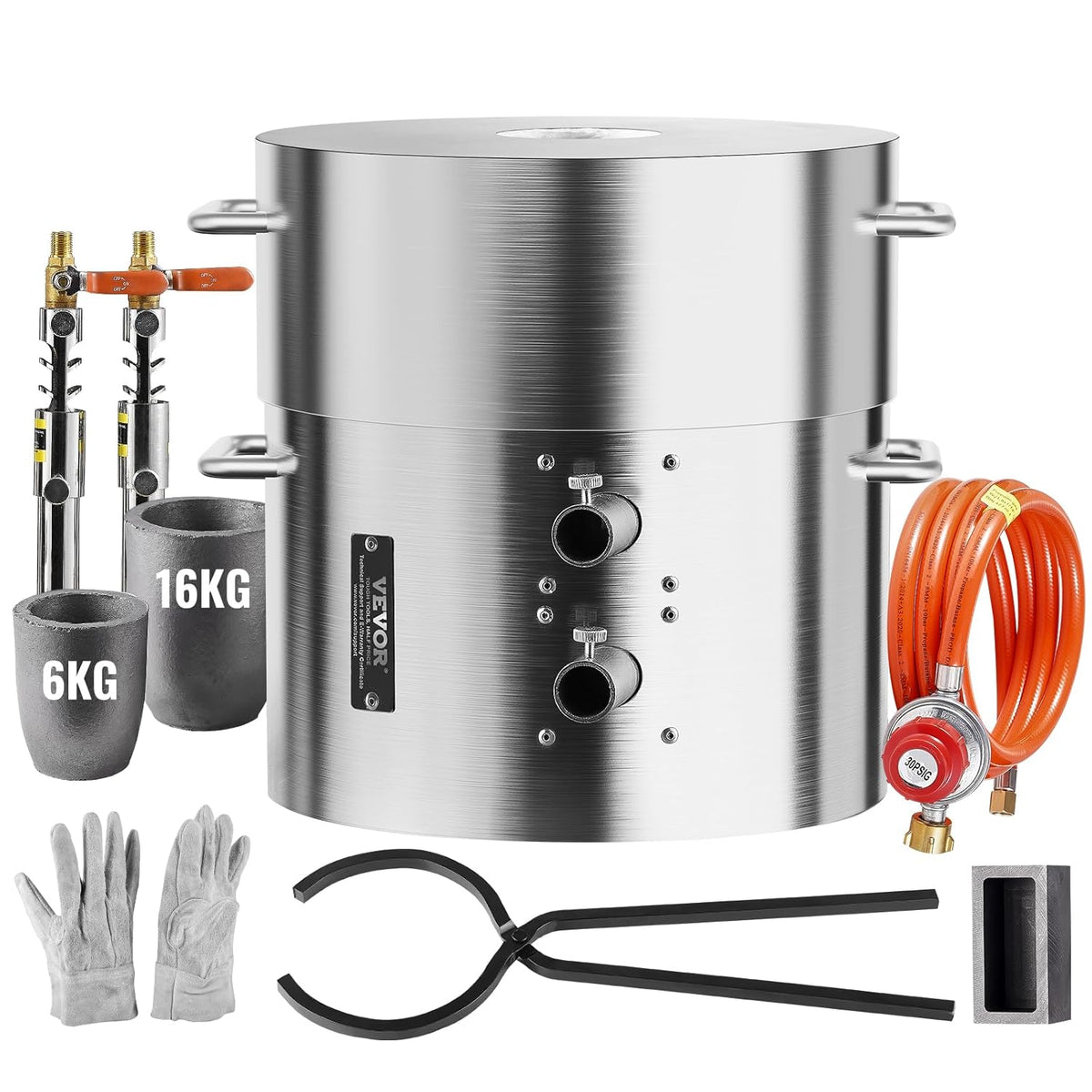 VEVOR Set van smeltoven met propaangas, inhoud 16 kg, maximale temperatuur 1370 °C, oven van roestvrij staal voor metaalsmeden en smeltoven, set met 2 propaanbranders