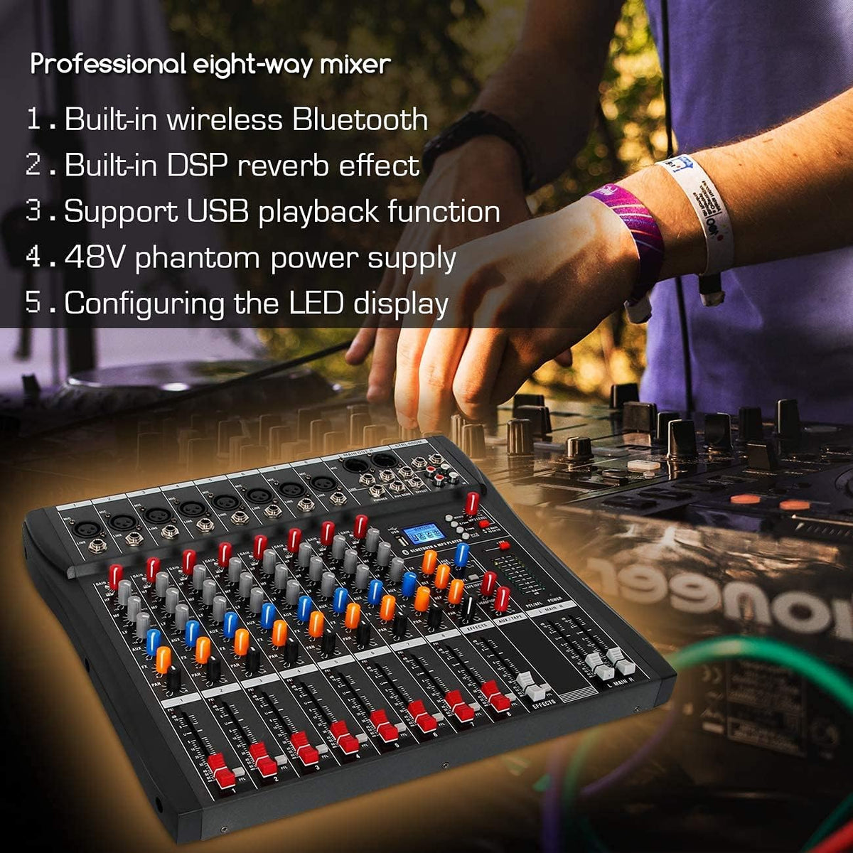Depusheng DA8 Mengconsole, professioneel, 8-kanaals, stereogeluid, Bluetooth-USB-opname, computerweergave, fantoomvoeding, USB, digitale audio-mixer-versterker