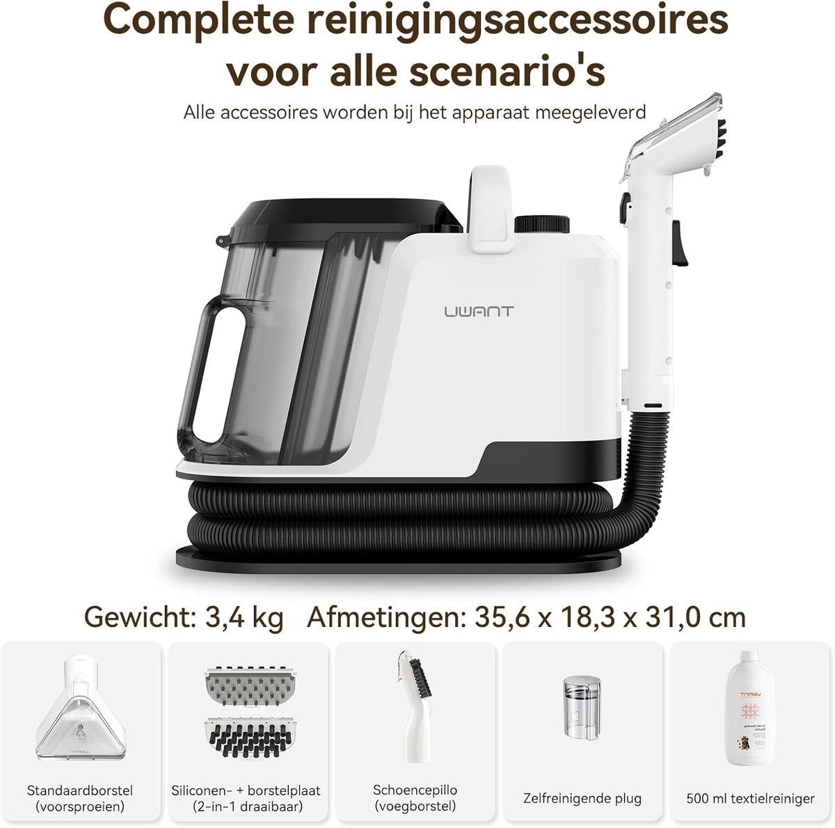 Tapijtreiniger – Vloerreiniger – Tapijtshampoo – Meubelreiniger – Auto-interieurreiniger – Krachtige Zuigkracht 18 kPa – Groot Waterreservoir 1,2 L