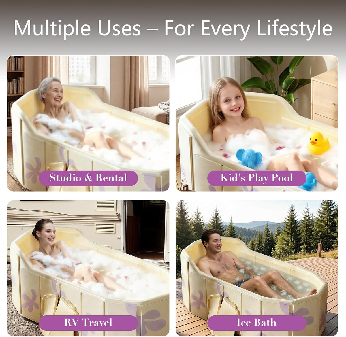 Opvouwbare badkuip voor volwassenen 140 x 55 x 55 cm – Draagbare badkuip, opvouwbaar bad, mobiele badkuip, ijsbad – Zonder installatie – 2-in-1 warm en koud waterbad met C-vormige rugleuning