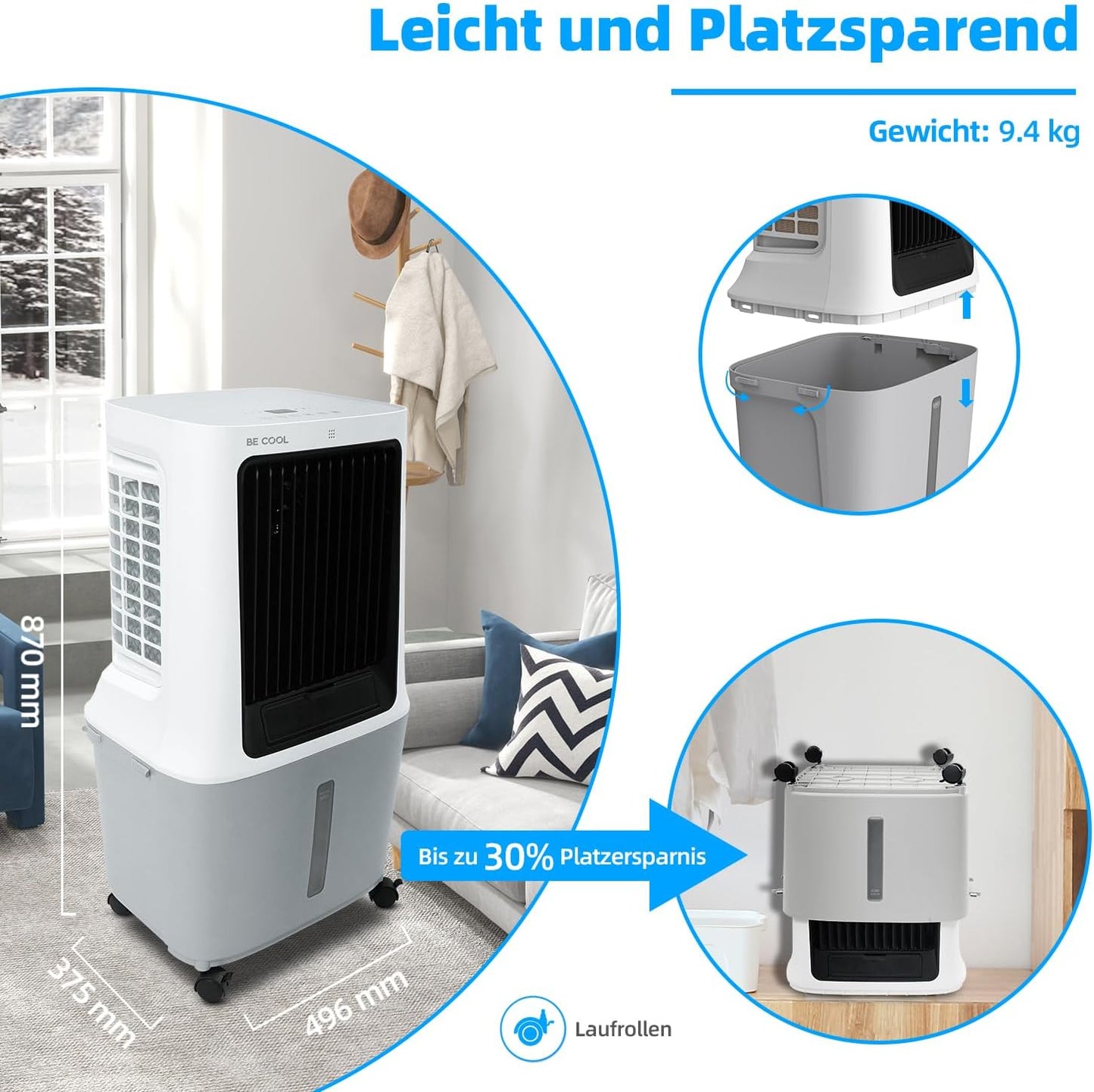 BE COOL BC30ACP2501W Luchtkoeler, waterreservoir van 30 liter, 120 W, wifi-bediening, 1800 m³/h luchtcirculatie, 15 m bereik, droogluchtfunctie, led-display, timer, afstandsbediening