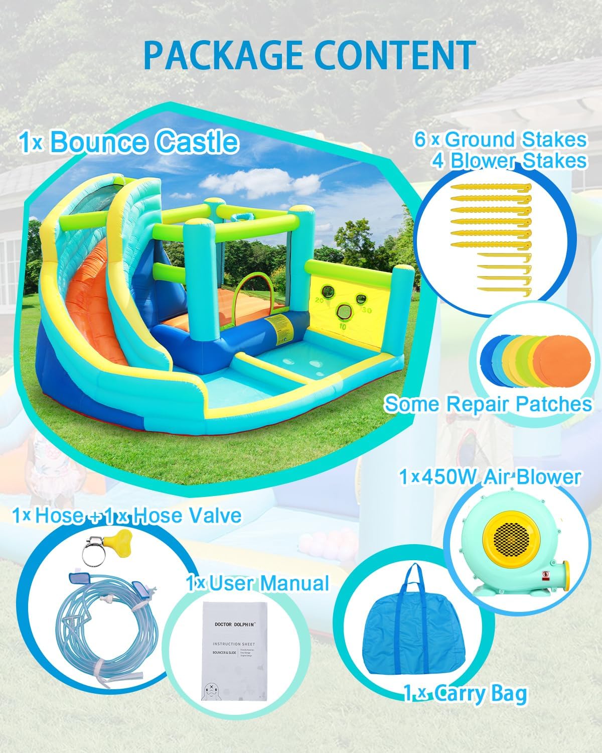 FBSPORT Springkasteel met ventilator, waterspeelcentrum met droog-/waterglijbaan, kinderbadje, klimwand, spring- en basketbalmand, groot springkasteel voor binnen en buiten, geschikt voor maximaal 4