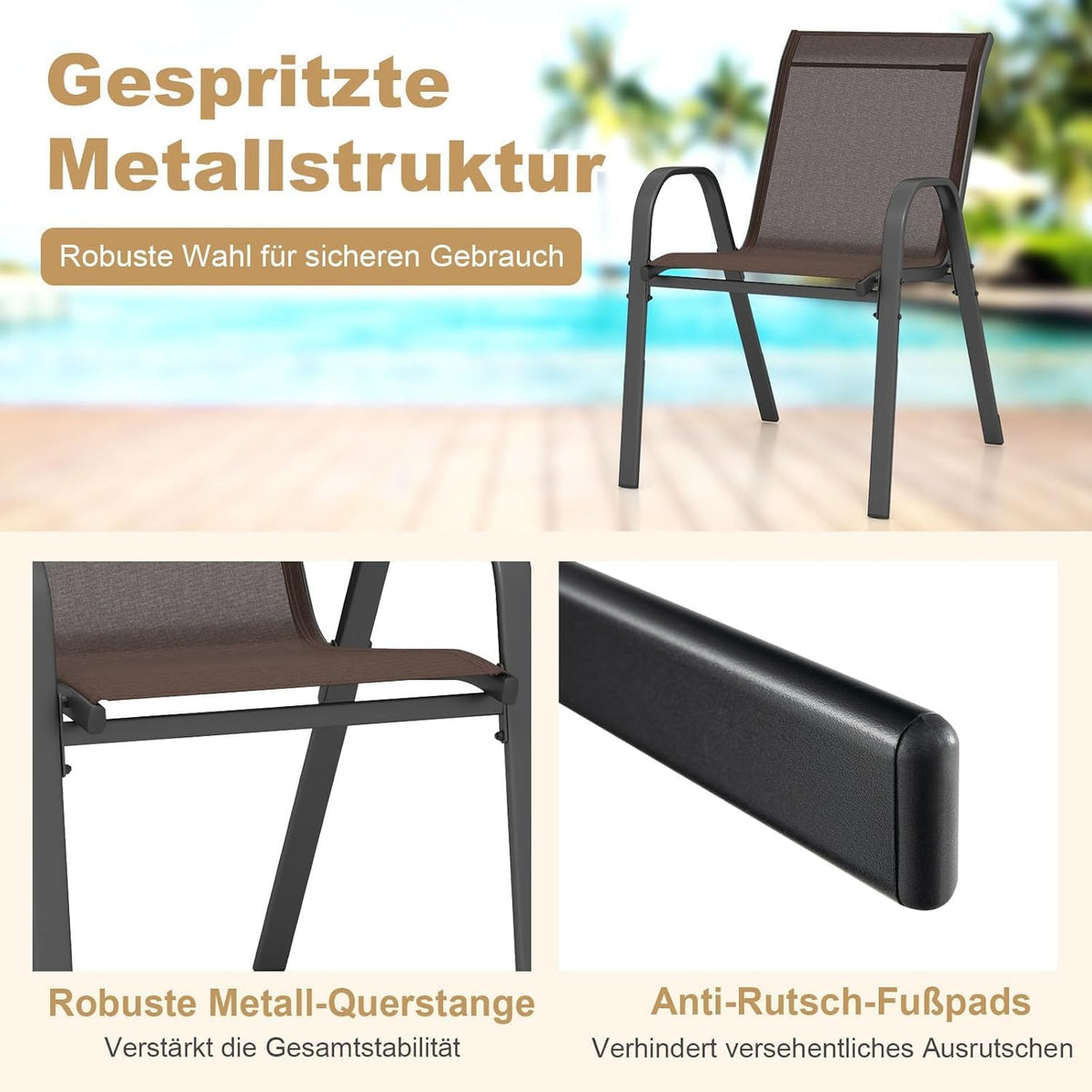 FANTASK Set van 4 stapelbare tuinstoelen, van textiel en metalen frame, stapelstoelen tot 150 kg belastbaar, terrasstoelen met armleuningen, balkonstoelen voor balkon, tuin, terras, zwembad