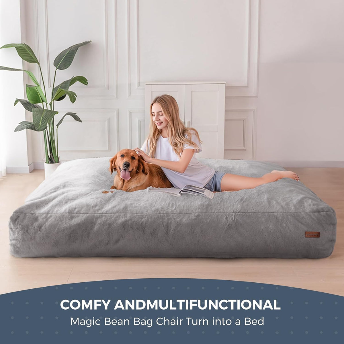 MAXYOYO Bean Bag Bed Convertible Bean Bag to Bed Foam Sofa with Shaggy Cover and Fluffy Filling for Adults Teenagers Guests (Grey, Double Bed)