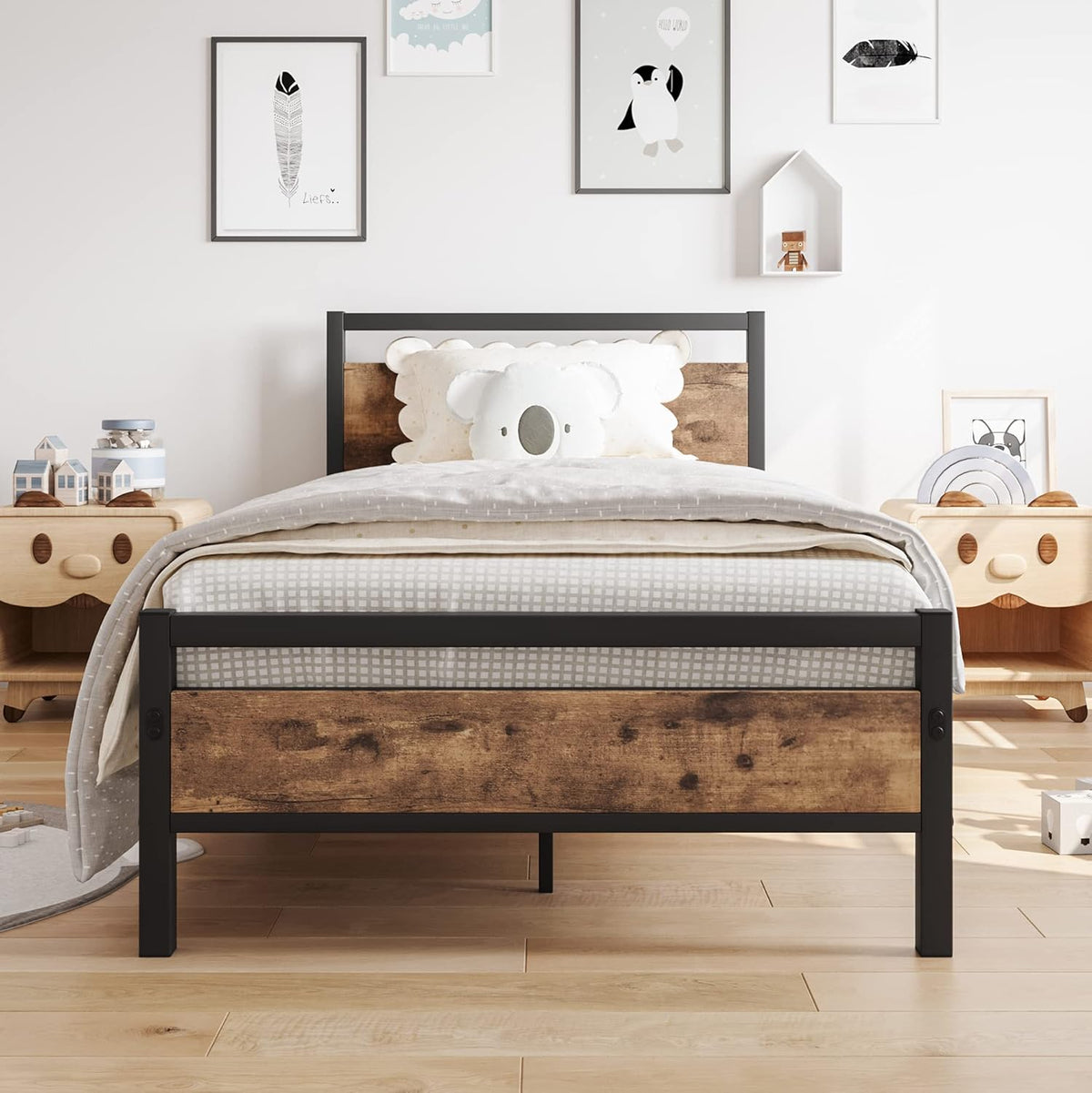 HOJINLINERO Bedframe van metaal en hout, metalen bedframe met lattenbodem, voor volwassenen, kinderen, jongeren, slaapkamer, logeerkamer, eenvoudige montage, bed, 90 x 200 cm, zwart