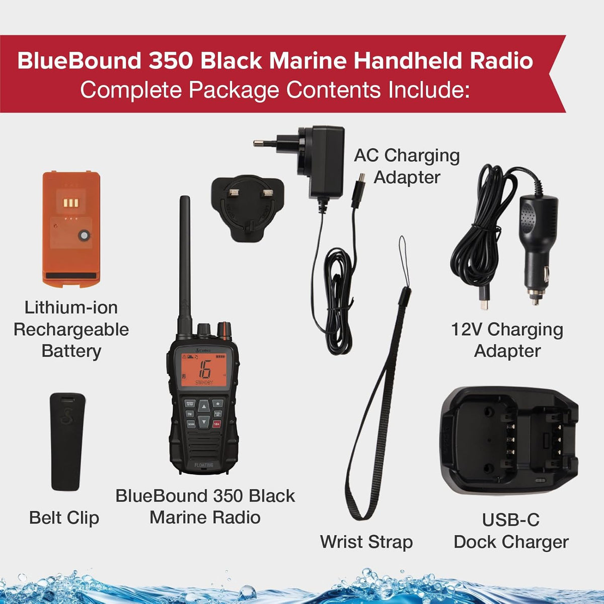 Cobra BlueBound 350 Handheld Zwevende VHF Marine Radio - 6 Watt, Float n ' Flash, IPX7 Waterdicht, Dompelbaar, Dag/Nacht LCD-display, Geheugenscan, Tri-Watch, Zwart