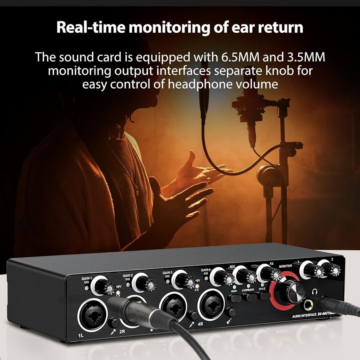 4-kanaals geluidskaart met driverloze audio-interface, USB-geluidskaart 4 ingangen 4 uitgangen, 24 bit/192 kHz 48 V fantoomvoeding voor professionele karaoke-opname