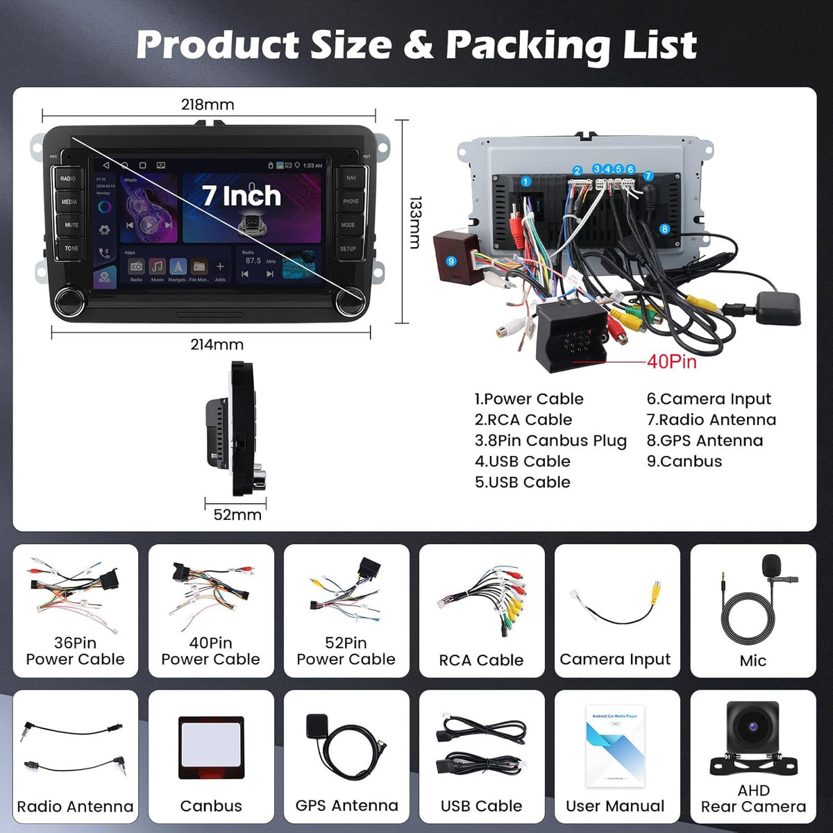 4G+64G Android 15 2 DIN Autoradio voor VW Golf Tiguan Caddy Polo Touran met Draadloze CarPlay Android Auto GPS, 7" Touchscreen, DSP FM/RDS Radio WiFi + Achteruitrijcamera + Microfoon