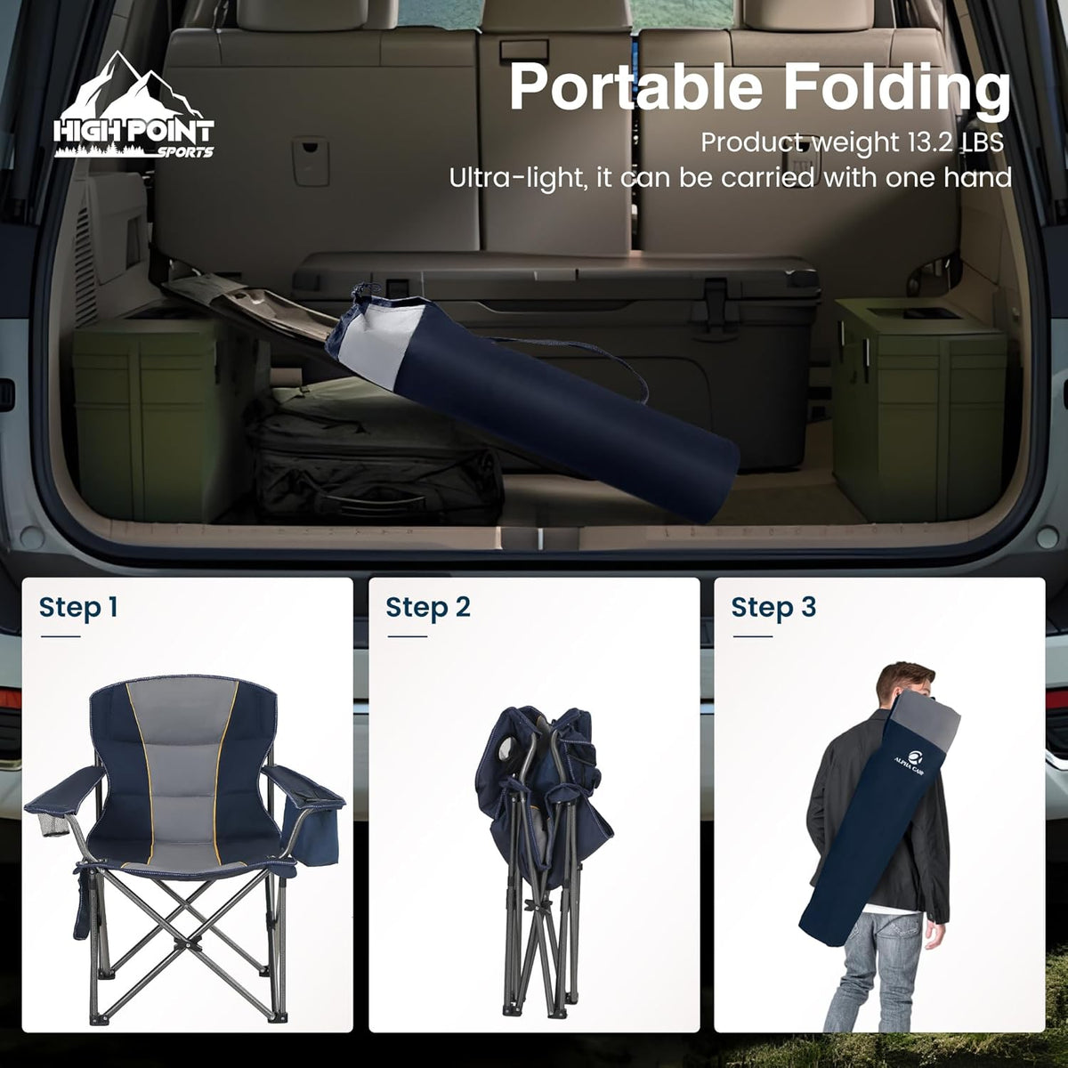 HIGH POINT SPORTS Klapstoel Camping Oversized Opvouwbare Campingstoel Maximale belasting: 200 kg met koeltas, armleuning, bekerhouder, gevoerd, draagbaar, blauw, 2 stuks