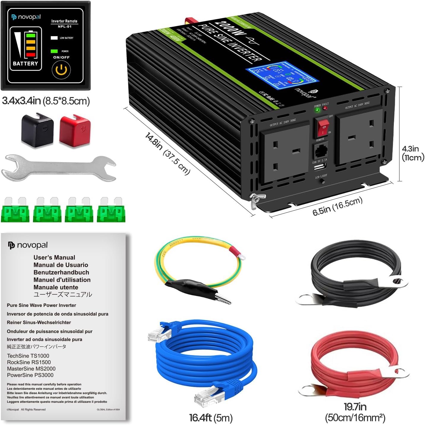 Novopal Pure Sinus Omvormer 2000W 24V naar 230V 240V Auto Converter Omvormer met LCD Display 2AC Outlets En USB Port-Afstandsbediening voor campers, Vrachtwagen, Boot, camping, huishouden, Van