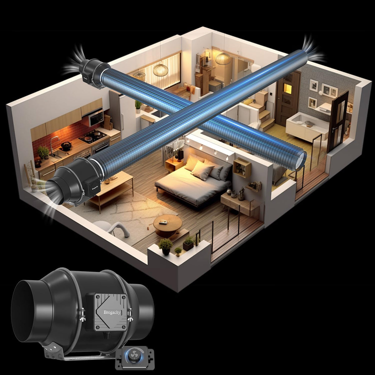 Kanaalventilator 200 mm – Afvoerventilator – Buisventilator – Inline Ventilator – Afzuigventilator – Driefasige EC-Motor – 1413 m³/h Luchtstroom, 51 dBA Geluidsniveau
