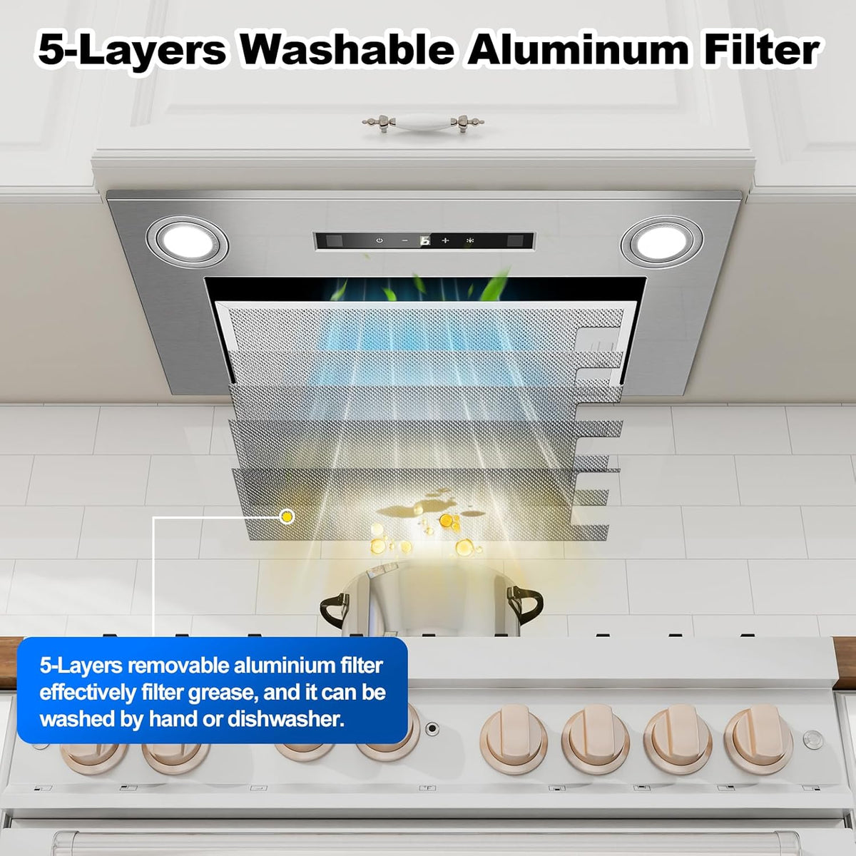 afzuigkap 52 cm, inbouwafzuigkap, 400 m³/u, 3 vermogensstanden en boosterfunctie, gebarenbediening, touchbediening, afzuiging/recirculatie met actieve koolfilter en rookpijp, afzuigkap