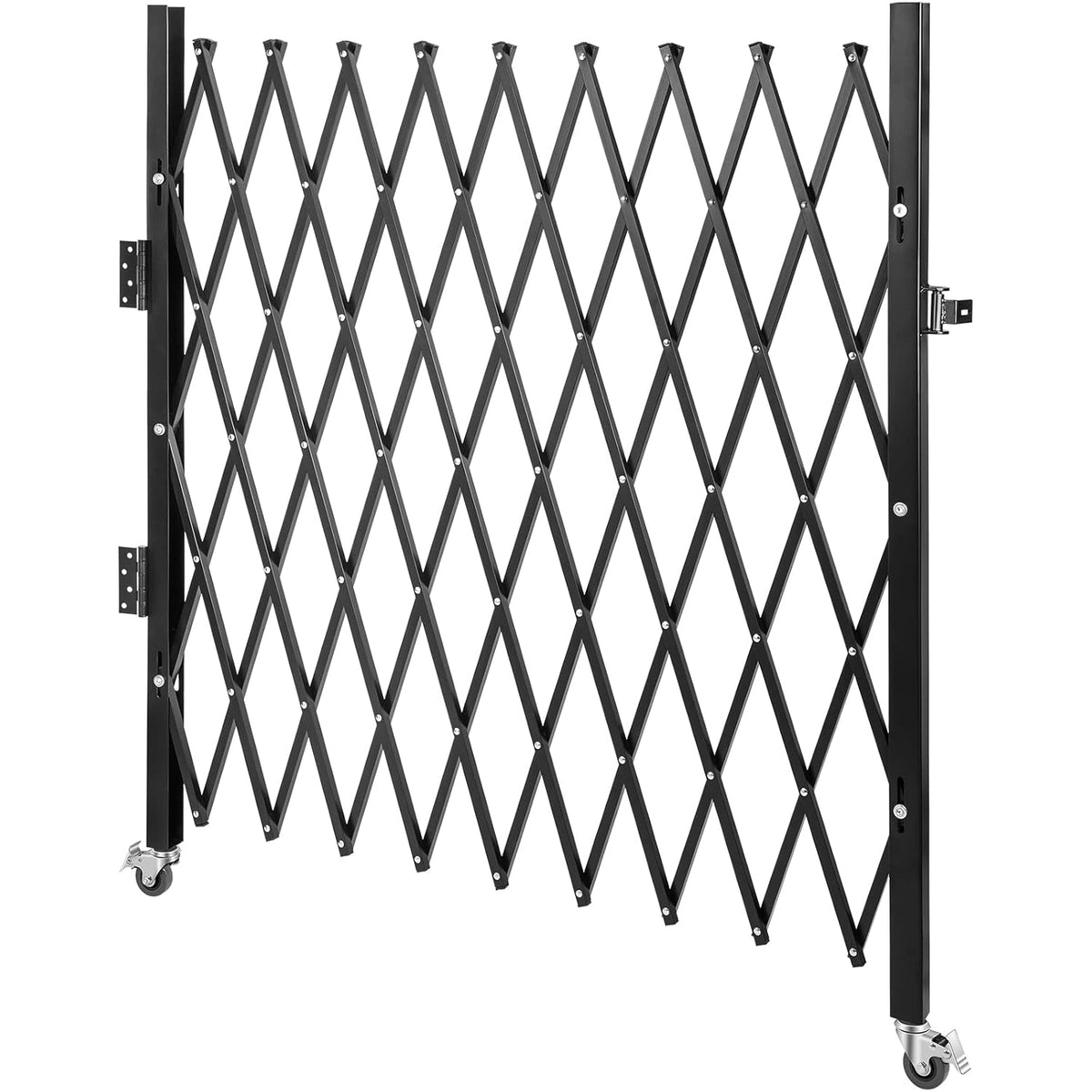 VEVOR Uitschuifbaar veiligheidshek, eenvoudig, opvouwbaar, 1,9 m h x 1,26 m l, stalen traphek, 360° rolbaar, schaarhek of deur met hangslot, voor huis, kelder, garage, zwart