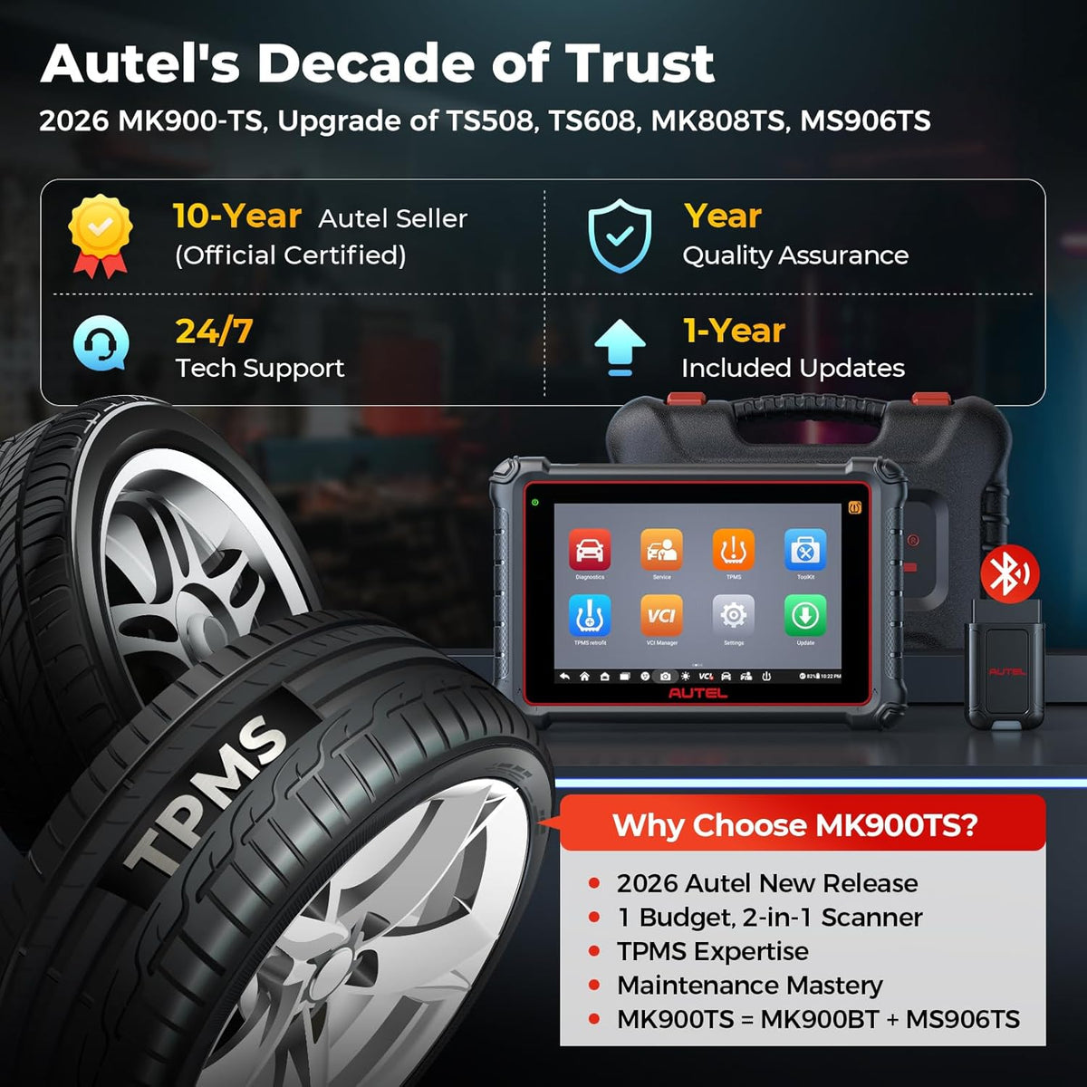 Autel MaxiCOM MK900-TS TPMS Scanner, 2024 bijgewerkt bidirectioneel gereedschap van MaxiCheck MX808S-TS, MK808S-TS, MS906TS met meer dan 40 diensten, meer dan 3000 actieve tests, diagnose van alle