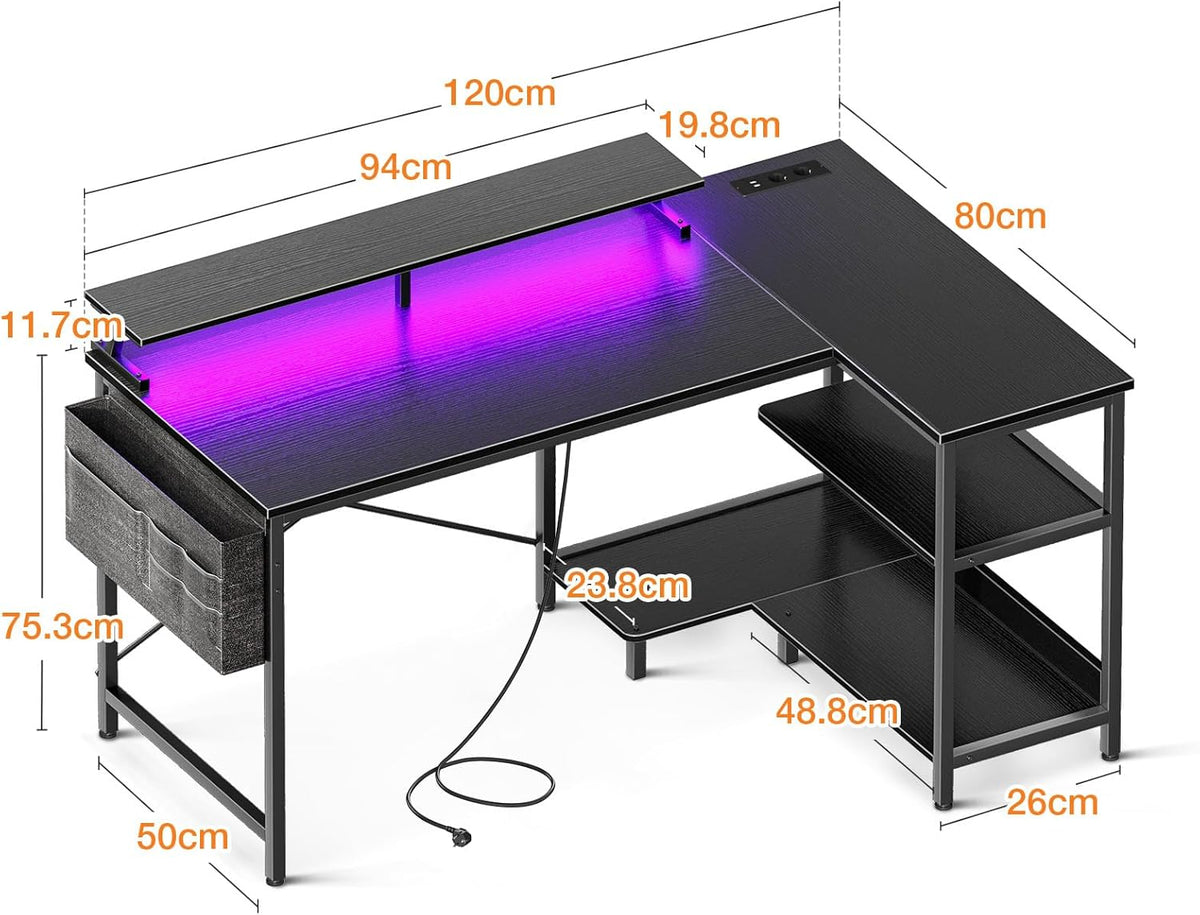 Coleshome Gaming Bureau L vorm met LED & Stopcontacten, 120x80cm Hoekbureau met Legplank Omkeerbaar & Monitorstandaard Hoekbureau voor Kantoorstudie, Zwart