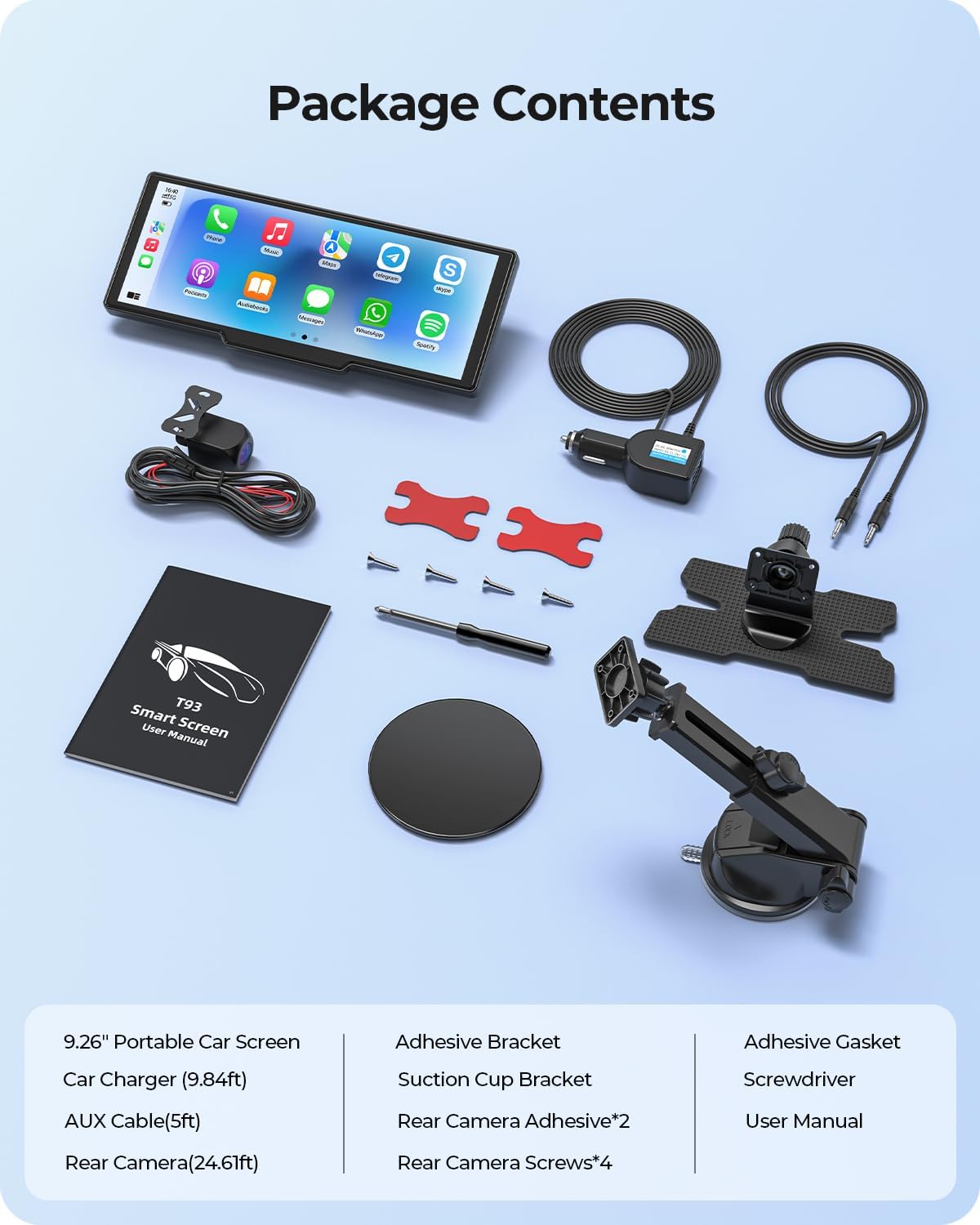 9.26" Draadloze Draagbare Car Play-scherm met 4K Voor- & HD Achter Dual Dash Cam voor Apple CarPlay & Android Auto met OTA Updates, Mirror Link, 5.0 Bluetooth, Spraakbediening, GPS Navigatie