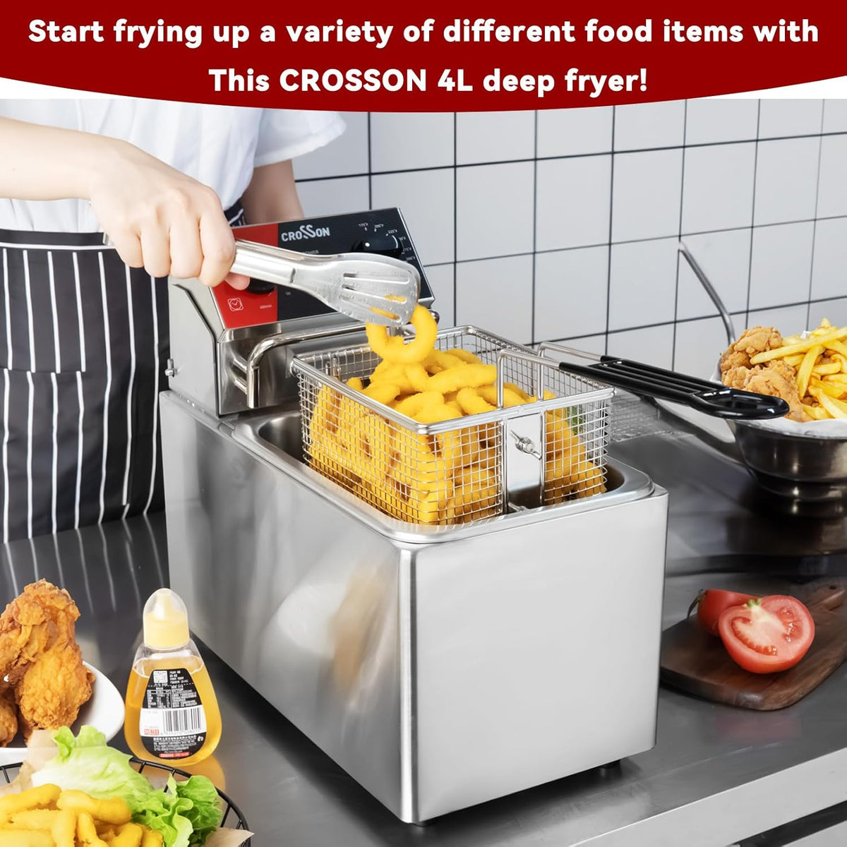 CROSSON Commerciële Roestvrijstalen Elektrische Friteuse,230V/2500W Professionele Elektrische Friteuse 4L met Verstelbaar Thermostaat 80-200°C,met Afneembare Olietank