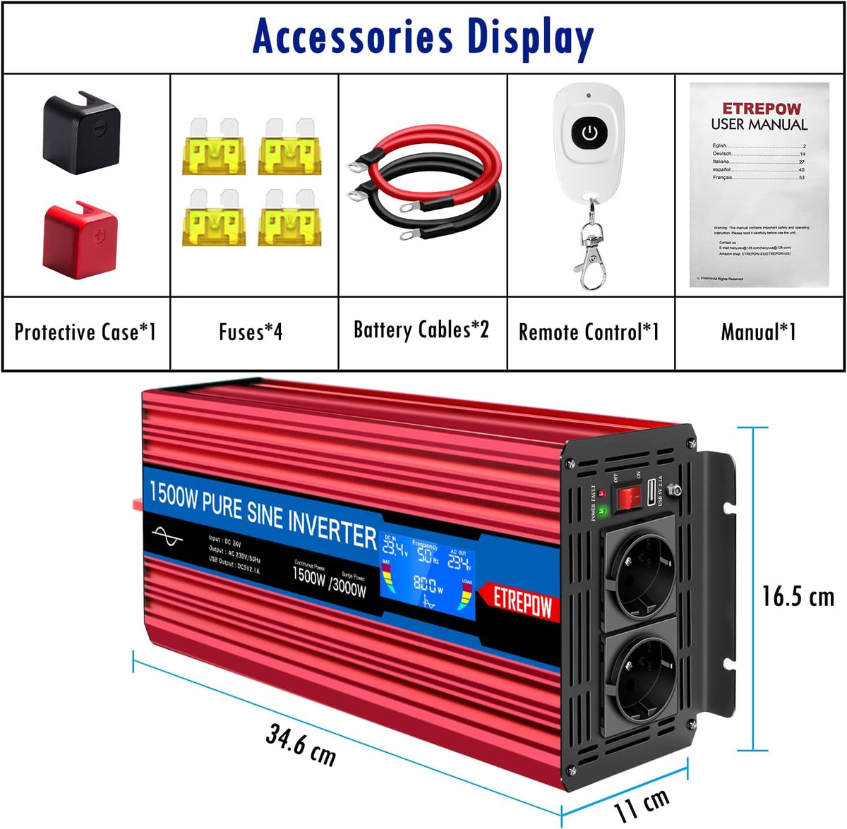 1500W 24V naar 230V Pure Sinus Volt Auto spanningsomvormer Omvormer Converter Pure Sine Wave Power Inverter DC AC omvormer (Draadloze afstandsbediening, display)