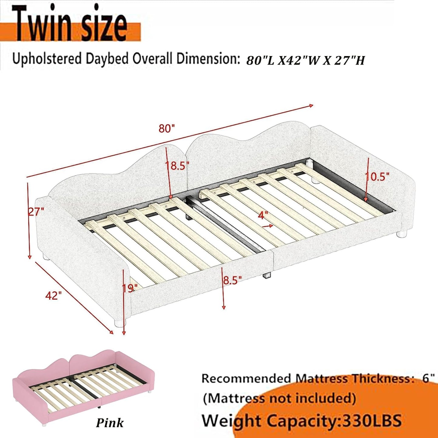 Kinderbedkussen Bed - Slaapbank Frame - Teddy Doek Multifunctionele - Rugleuning Armleuning Zacht Bed - Eugdbed Gastenbed - 90*200 cm - 01 Roze