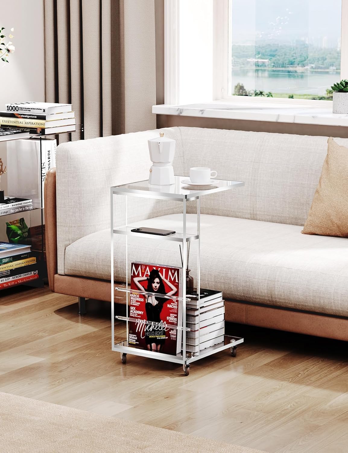 Duidelijke Acryl Bijzettafel op Afsluitbare Wielen, C-vormige Eindlijst voor Bank, Kleine Salontafels voor Kleine Ruimten (Doorzichtig), SFCJ01001
