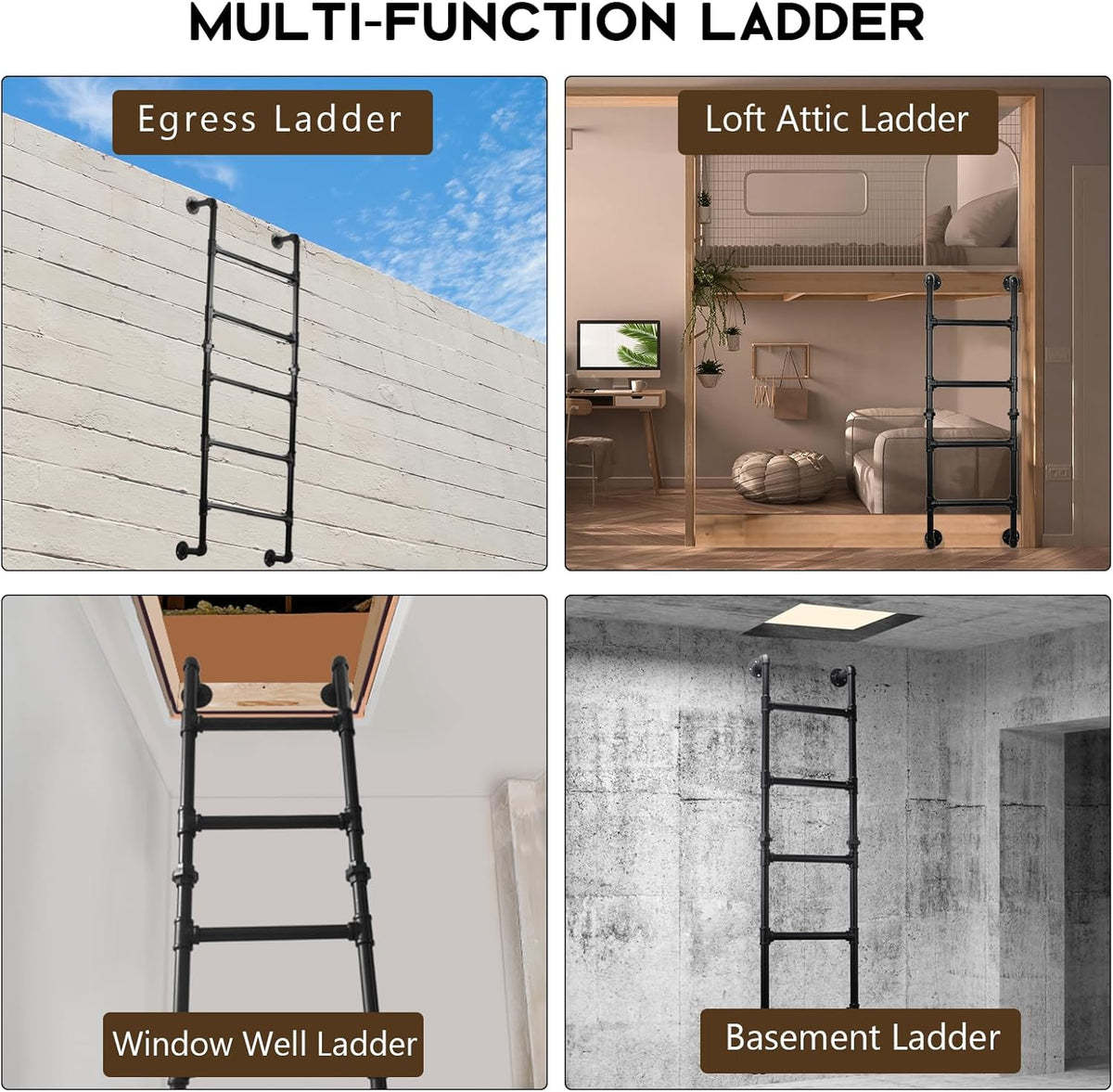 Stapelbed ladder met 5 treden, 15 x 3 m, wandmontage, kelder, raam, fontein, ladder, zwart smeedijzer, industriële buis, step-ladds, metalen binnenladders voor buiten
