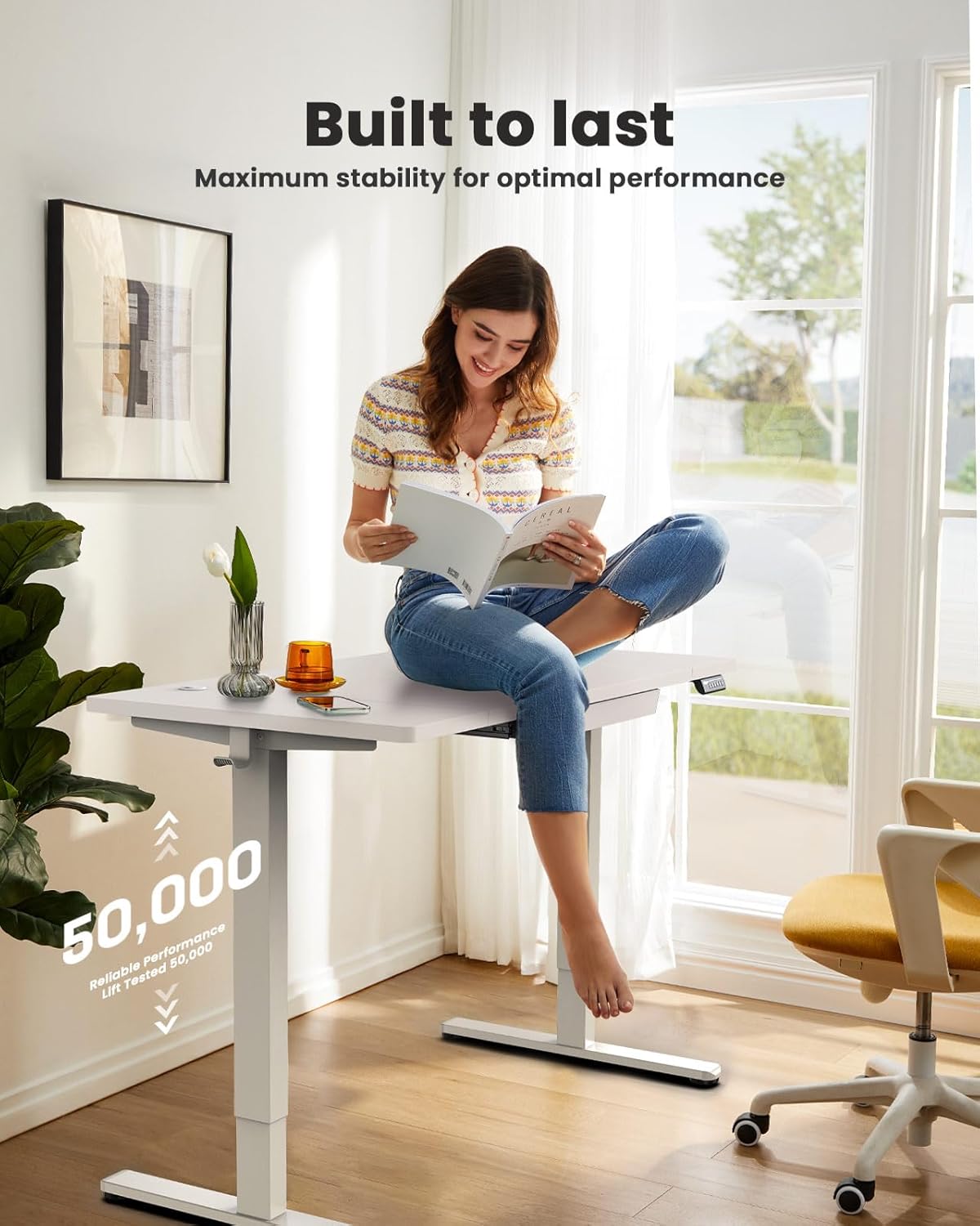 ErGear Electric Sit-Stand Desk 160 x 80cm, with Easy Sliding Drawer & 4 Memory Smart Panel, T-leg Design, Distribution Board, White Frame & Surface - QUORE