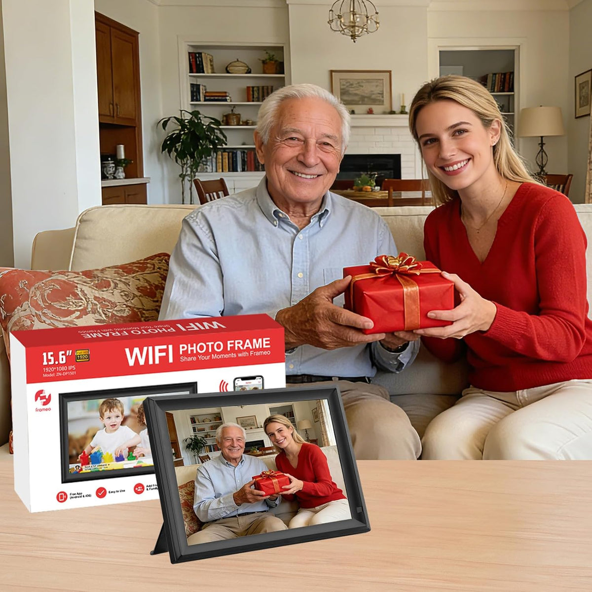 Frameo Digitale fotolijst, 32 GB, 32 GB, wifi, 32 GB, touchscreen, auto-rotatie, wandmontage, foto's/video's direct delen via FRAMEO app