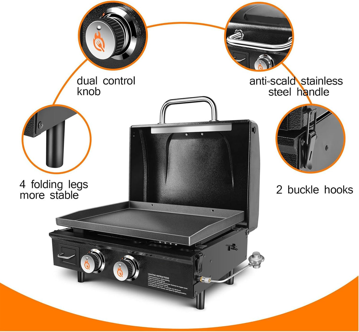 GFTIME Tafelgrill Griddle 2 branders met kap, plancha gasgrill met platte bovenkant, Griddle propaangrill met draagtas, 22 inch, 48.000 BTU, keramische grillplaat met antiaanbaklaag