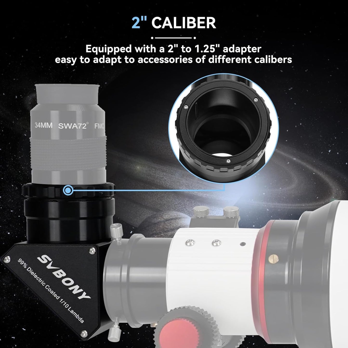 Svbony SV223 Diagonale Spiegel, 2" 90° Sterdiagonaal met 1,25" Adapter en Koolstofvezelmateriaal, 99% Reflectiviteit Zenith Spiegel voor Planetaire Deep Sky Visual