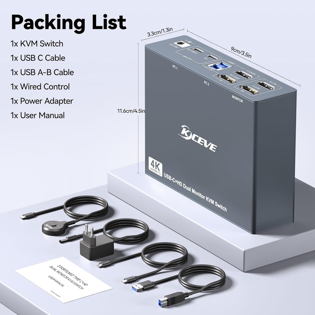 KVM Switch 2 Monitoren 1 Desktop 1 Laptop 4K@60Hz, 7 in 1 Dual Monitor KVM Switch Docking Station, 2 HDMI Displays Uitbreiden, 4 USB 3.0, PD 80W, met Bekabelde Afstandsbediening en USB C Kabel