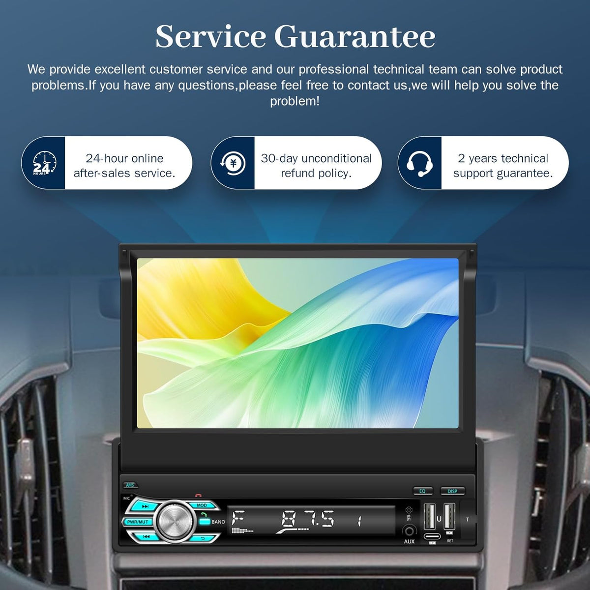 1 Din Car Radio with Extendable Display with Wireless Carplay and Android Car - 7 Inch Car Radio Carplay Support Mirror Link USB Type C + AHD Rear Camera and Remote Control - QUORE