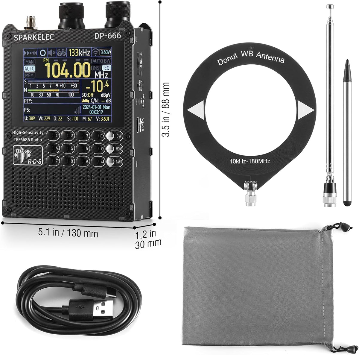 Raddy DP-666 DSP Wereldbandradio TEF6686 Chip, Professionele AM/FM/LW/MW/SW RDS Ontvanger, 2,8" Touchscreen + Stylus, 5000mAh Batterij, Telescoop- & Donut-antenne, Draagbaar met FW-update