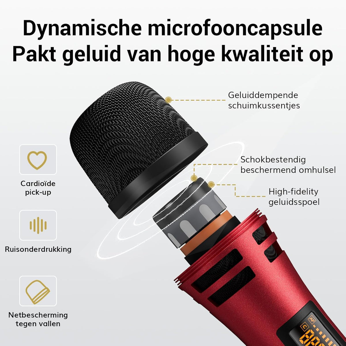 TONOR Draadloze Microfoons Systeem, 4x5 Kanalen Draadloze Handheld Dynamische Mic met Ontvanger, 60M UHF Bereik, Mics met stabiel signaal Transmissie voor Karaoke Zingen Feest Kerk DJ PA Speaker, Rood