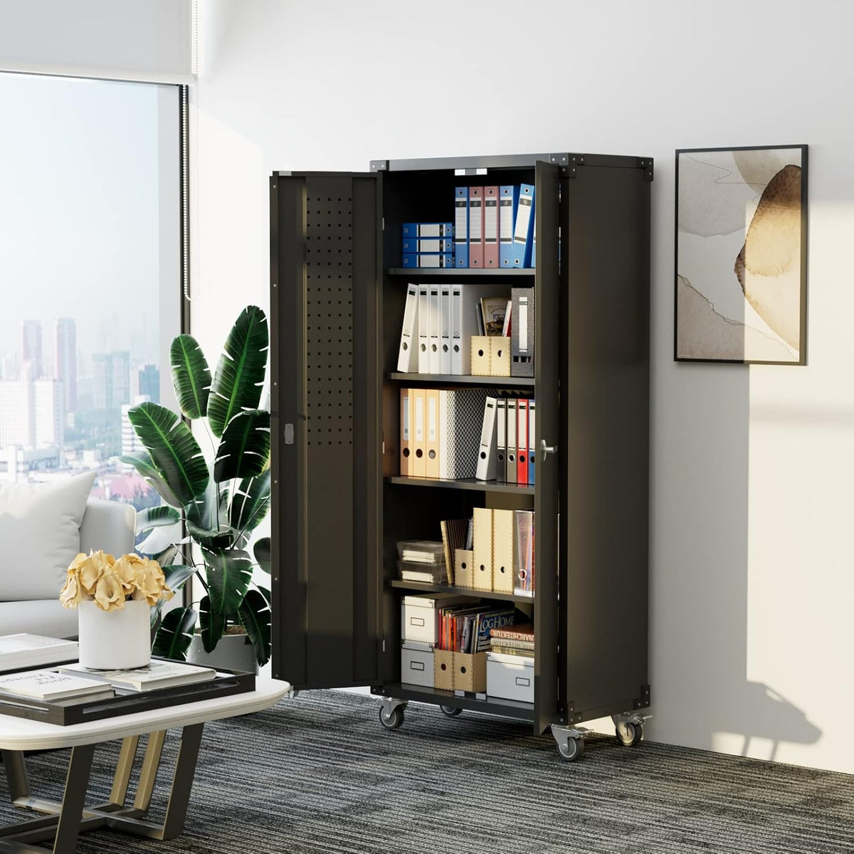 Metalen opbergkast – Zwarte stalen kast – Garagekast – Opbergkast met wielen – Opslagkast – 183 x 80 x 42 cm – Afsluitbaar met 4 verstelbare planken