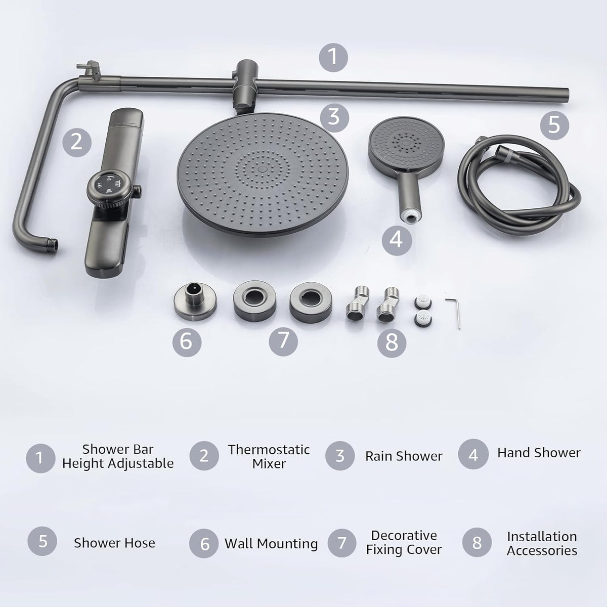 Douche Set – Douchesysteem – Douchecombinatie – Douchekraan – Douchekop – Antraciet – Thermostatische Kraan – Regendouche 25 cm