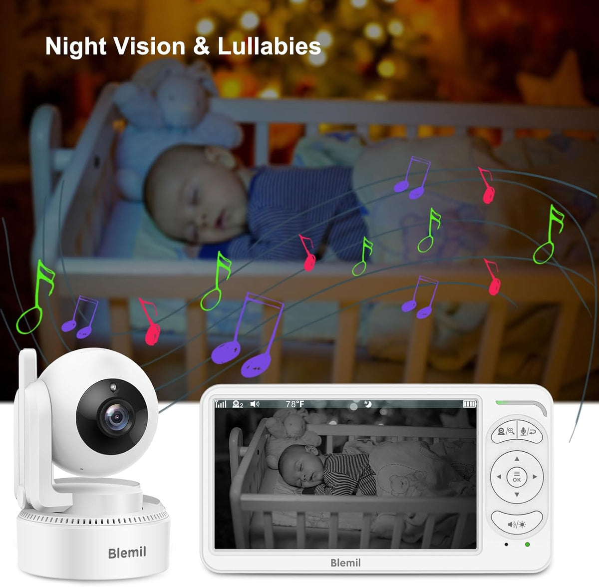 Blemil Babyfoon, Video Babyfoon met 2 Camera's en Audio, 6 IPS Grote Split Screen Remote Pan/Tilt/Zoom Babyfoon, Videomonitorcamera's met helder nachtzicht en 30 uur batterij Levensduur