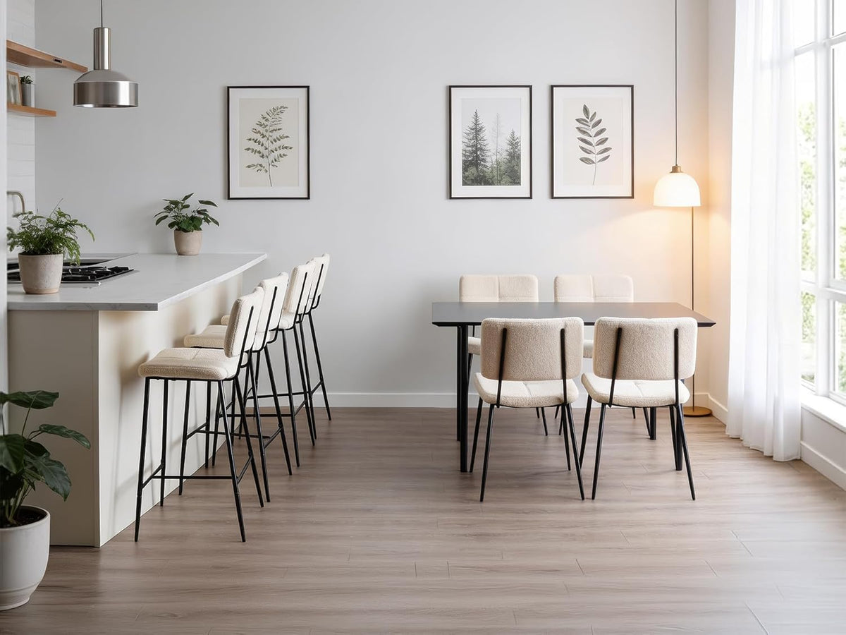 MEUBLE COSY Set van 6 barkrukken, hoge kruk met rugleuning en voetensteun, gevoerde keukenstoel met bouclé-stof, voor toonbank, eetkamer en huis, beige