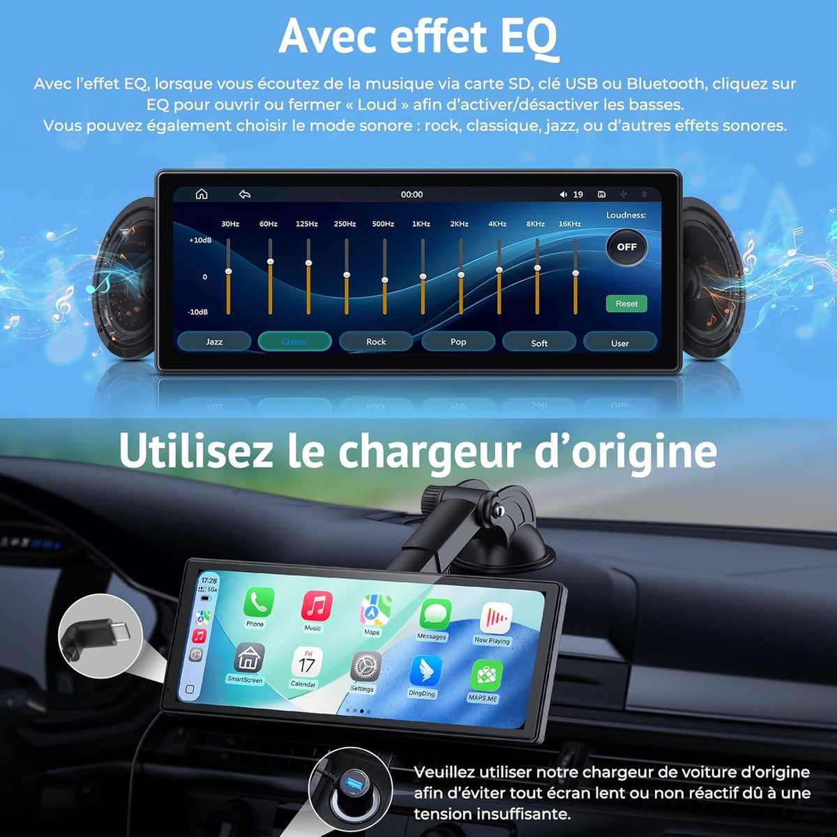 10,26 inch Carplay-scherm, compatibel met CarPlay en Android Auto, Car Play-display met 1080p achteraanzicht, mirror link, spraakbediening, bluetooth-audio, GPS, FM, AUX